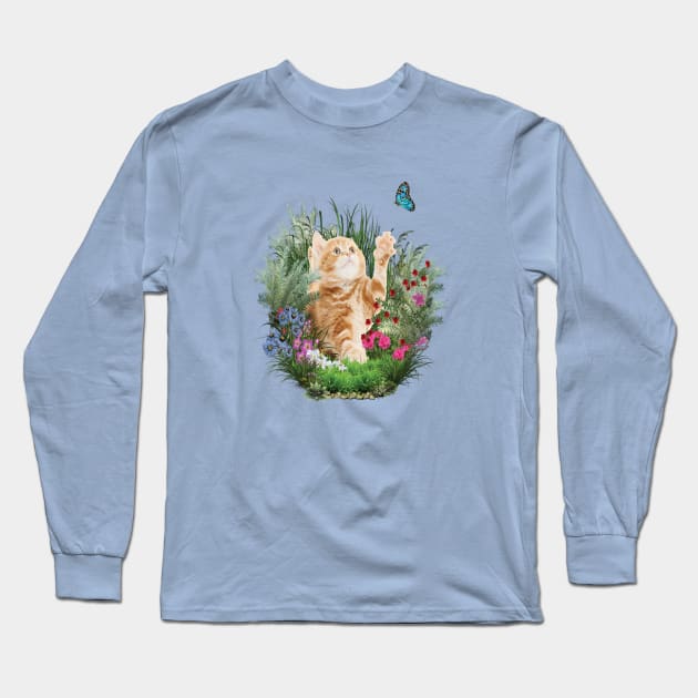 Ginger kitten playing with a blue butterfly Long Sleeve T-Shirt by Just Kidding by Nadine May